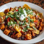 Vegetarian taco skillet loaded with roasted sweet potatoes, black beans, fresh cilantro, cheese, and sour cream in a white bowl