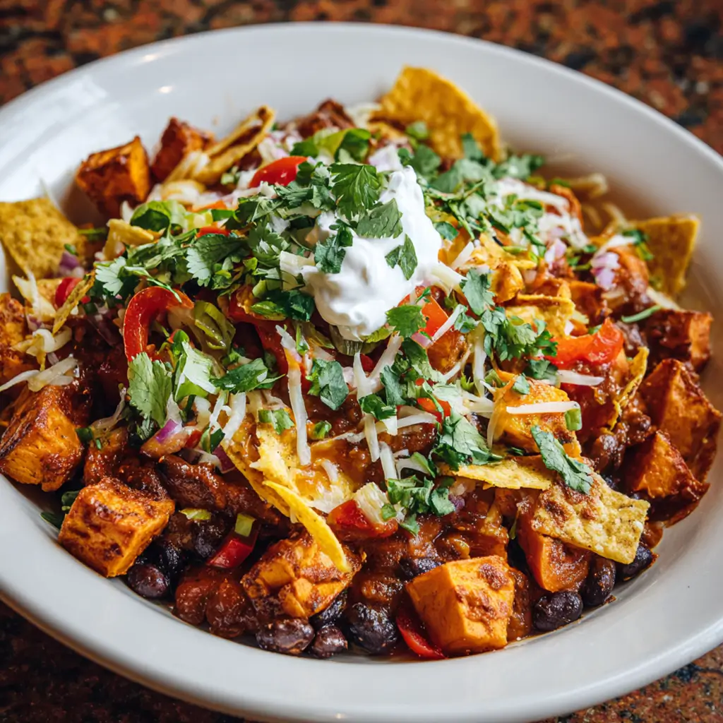 Vegetarian taco skillet loaded with roasted sweet potatoes, black beans, fresh cilantro, cheese, and sour cream in a white bowl