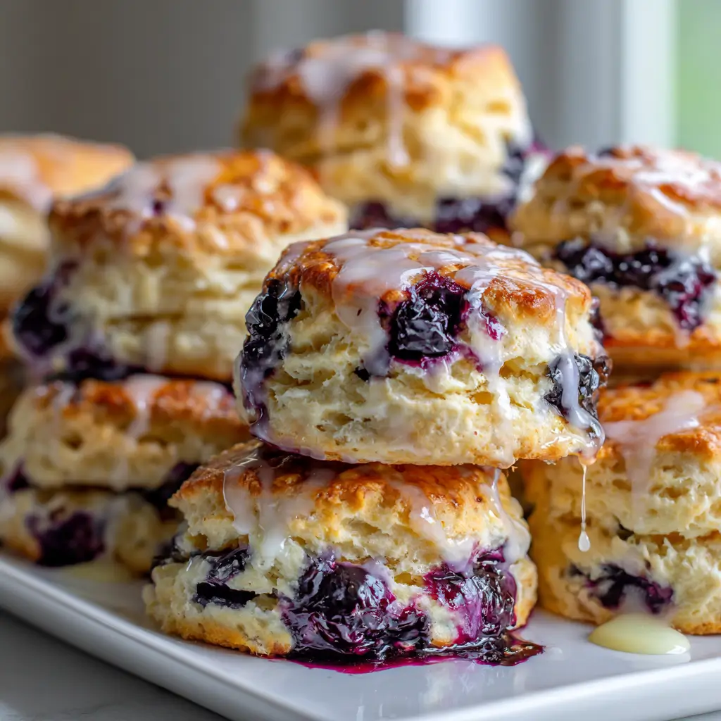 Fluffy, glazed blueberry biscuits filled with vibrant blueberries and drizzled with sweet icing.