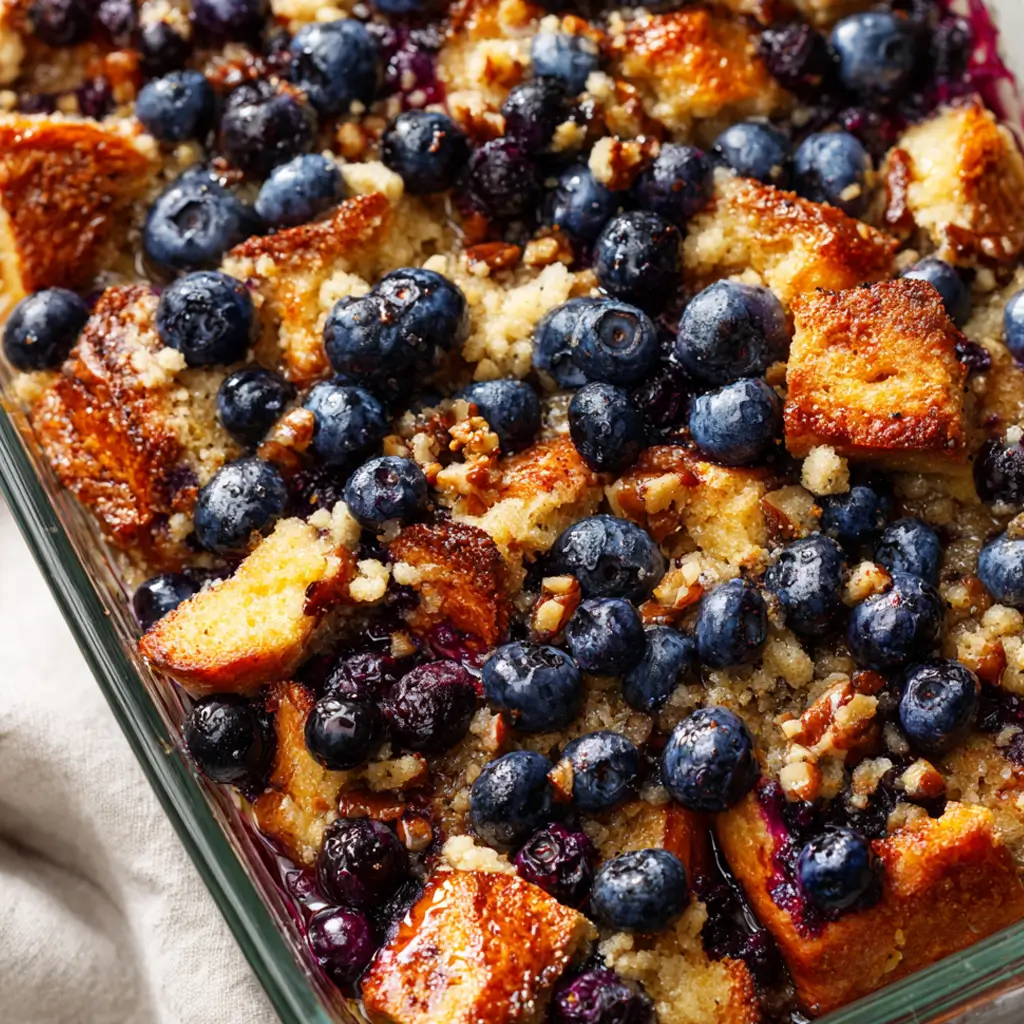 Blueberry French toast casserole with golden bread cubes, fresh blueberries, and pecan streusel
