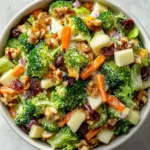Broccoli apple salad with walnuts, raisins, carrots, and creamy dressing in a white bowl