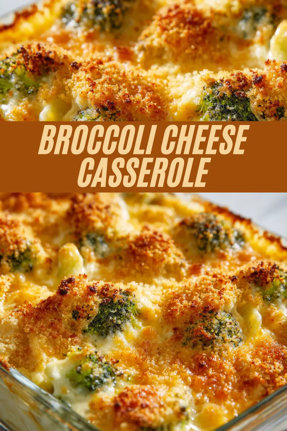 Cheesy broccoli casserole with golden breadcrumb topping baked in a glass dish