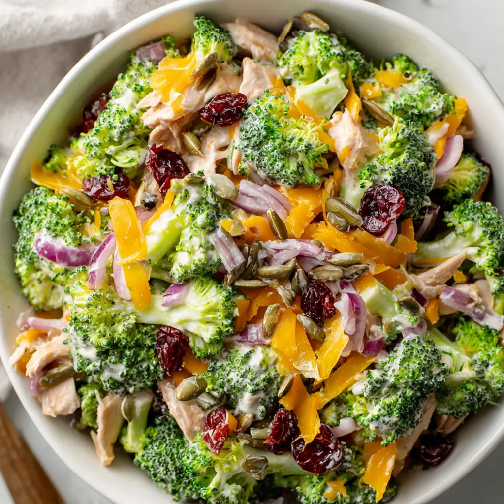 Crunchy broccoli salad with cheddar, dried cranberries, sunflower seeds, and creamy dressing