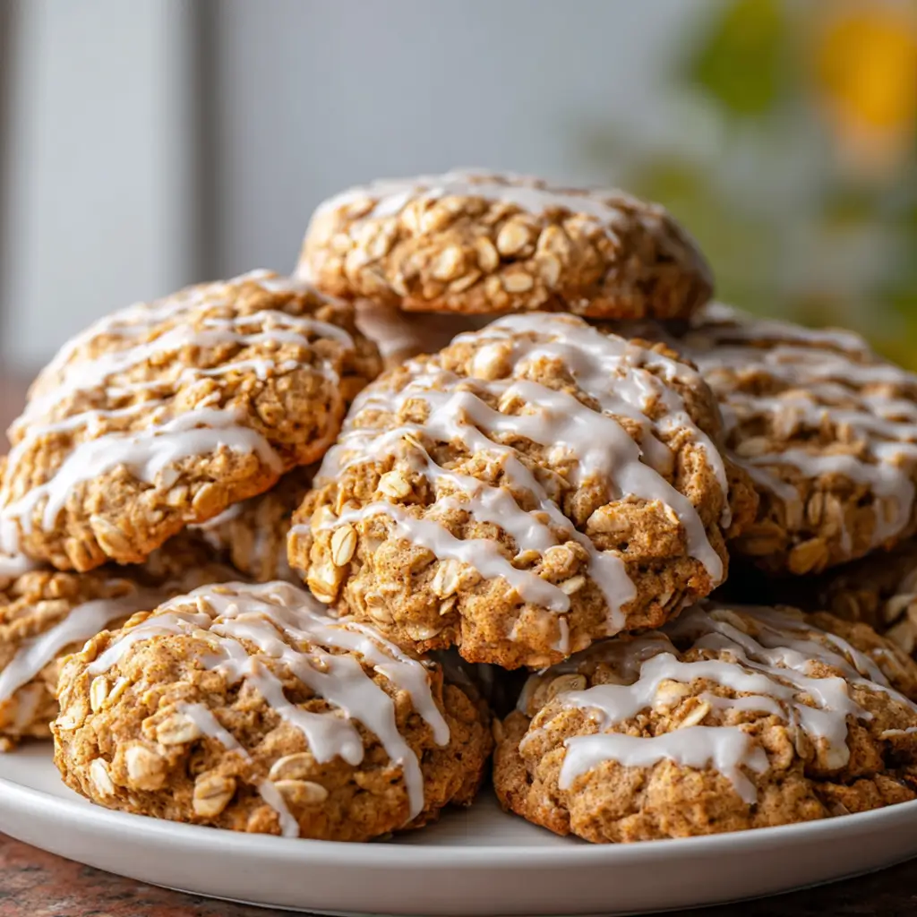 Pumpkin oatmeal cookies made with brown butter and drizzled with sweet vanilla glaze on a plate