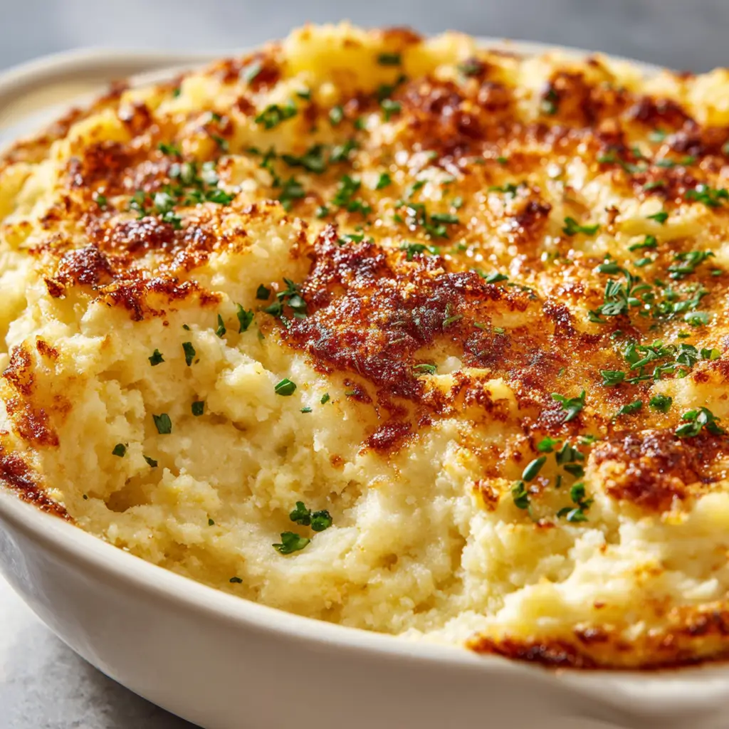 Creamy mashed potato bake topped with golden brown butter crust and fresh herbs