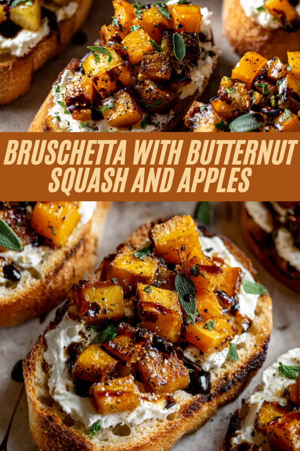 Toasted baguette slices topped with creamy cheese, roasted butternut squash, apples, balsamic glaze, and herbs.