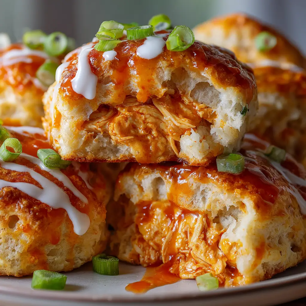 Cheesy biscuit bombs filled with shredded buffalo chicken, oozing with buffalo sauce and drizzled with creamy ranch and topped with sliced green onions, stacked on a plate for a mouthwatering, close-up view.