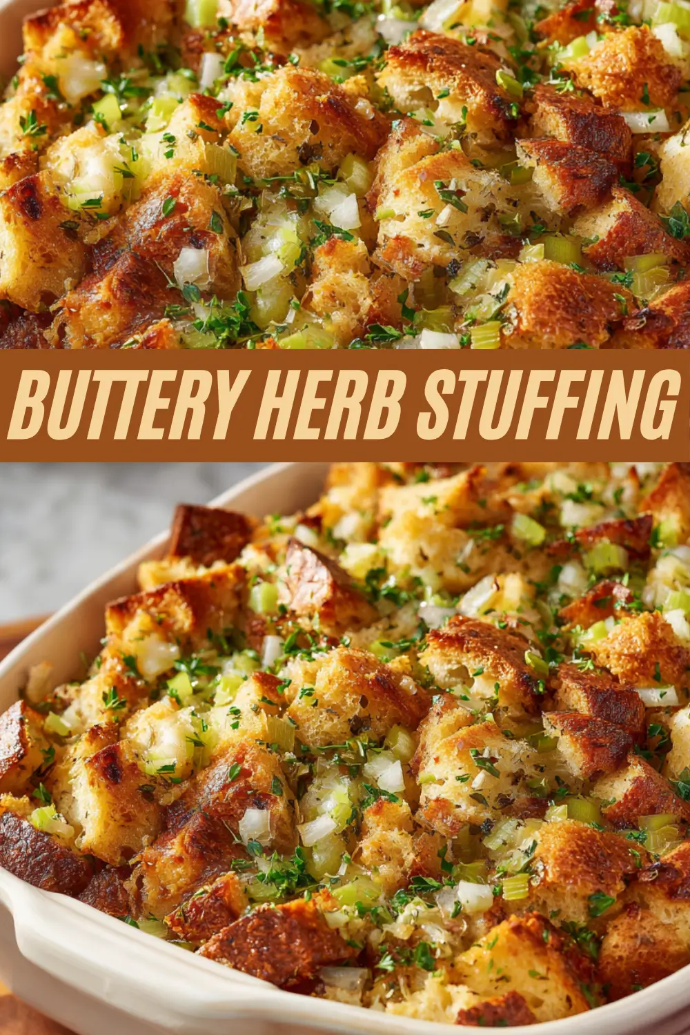 Buttery herb stuffing baked with golden bread cubes, fresh celery, onions, and parsley, perfect for festive gatherings