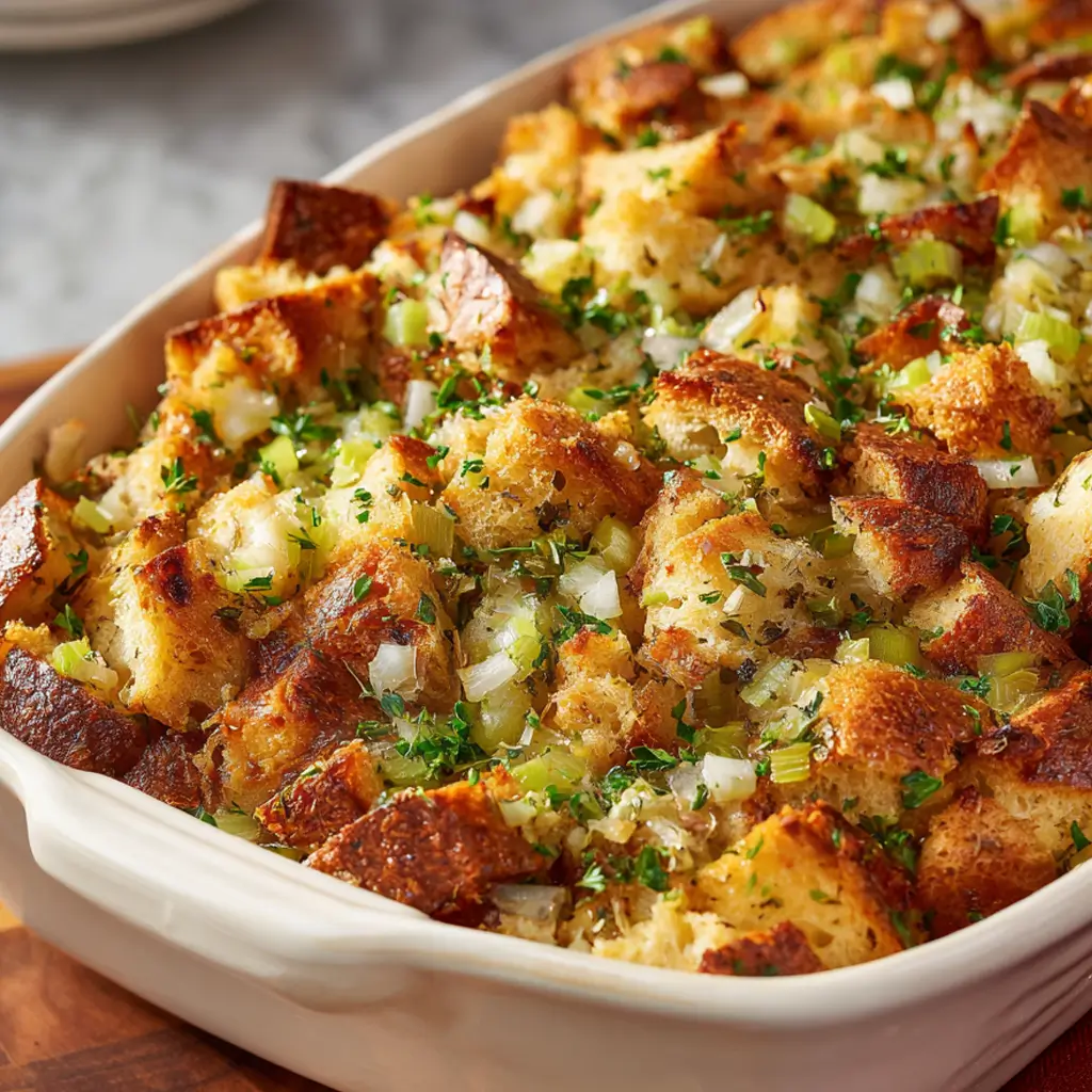 Golden-baked bread cubes tossed with herbs, celery, and onions for a savory Thanksgiving stuffing