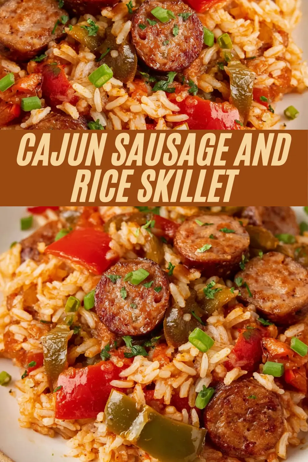 Skillet of Cajun sausage, bell peppers, and rice garnished with green onions