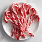 Classic red and white peppermint candy canes arranged on a white plate.