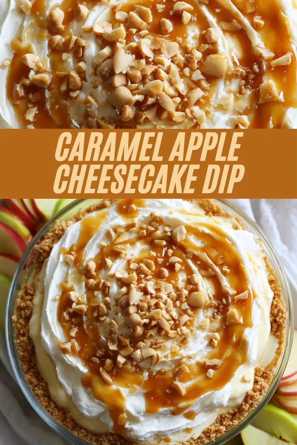 Fluffy caramel apple cheesecake dip with whipped topping, golden caramel, and chopped peanuts