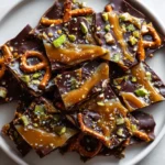 Chocolate bark with pretzels, dried apples, pistachios, and caramel drizzle, sprinkled with flaky salt.