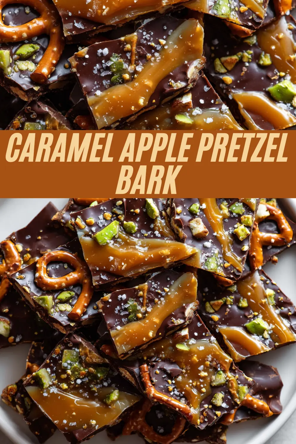 Sweet and salty bark made with chocolate, caramel, dried apples, pretzels, pistachios, and flaky salt.