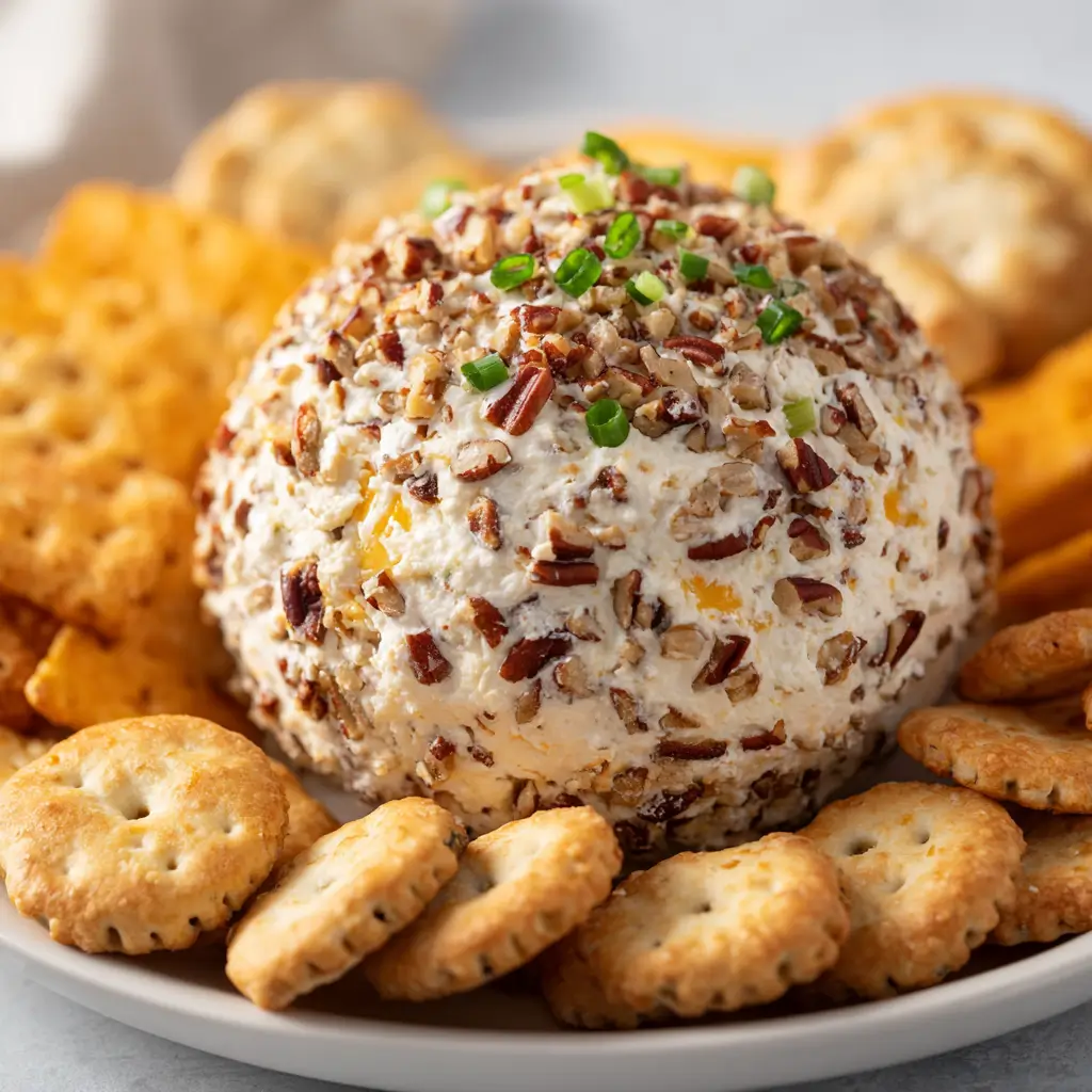 Cheese ball coated in chopped pecans and chives, served with assorted crackers