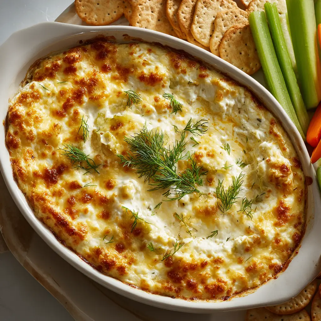 Cheesy baked pickle dip topped with dill and served with crackers and veggies