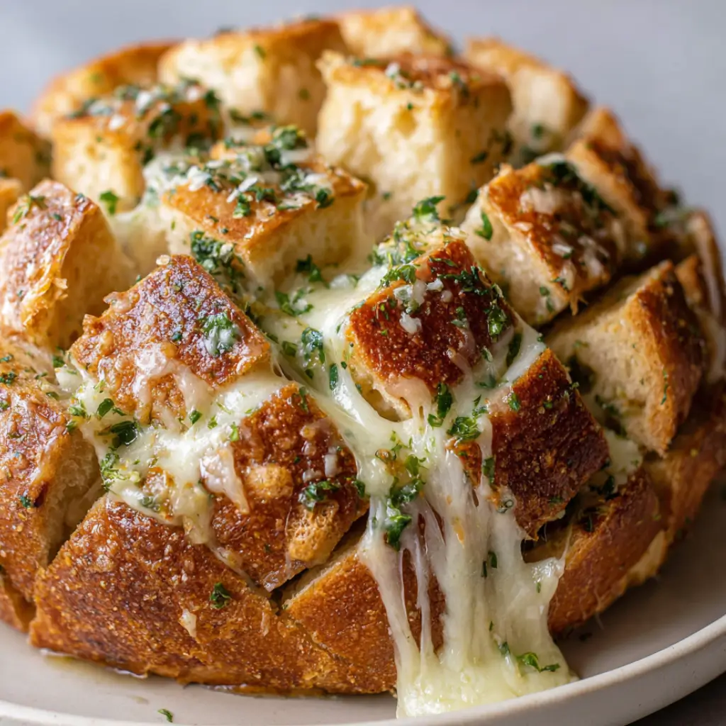 Cheesy pull apart bread loaded with melted cheese, garlic, and fresh herbs