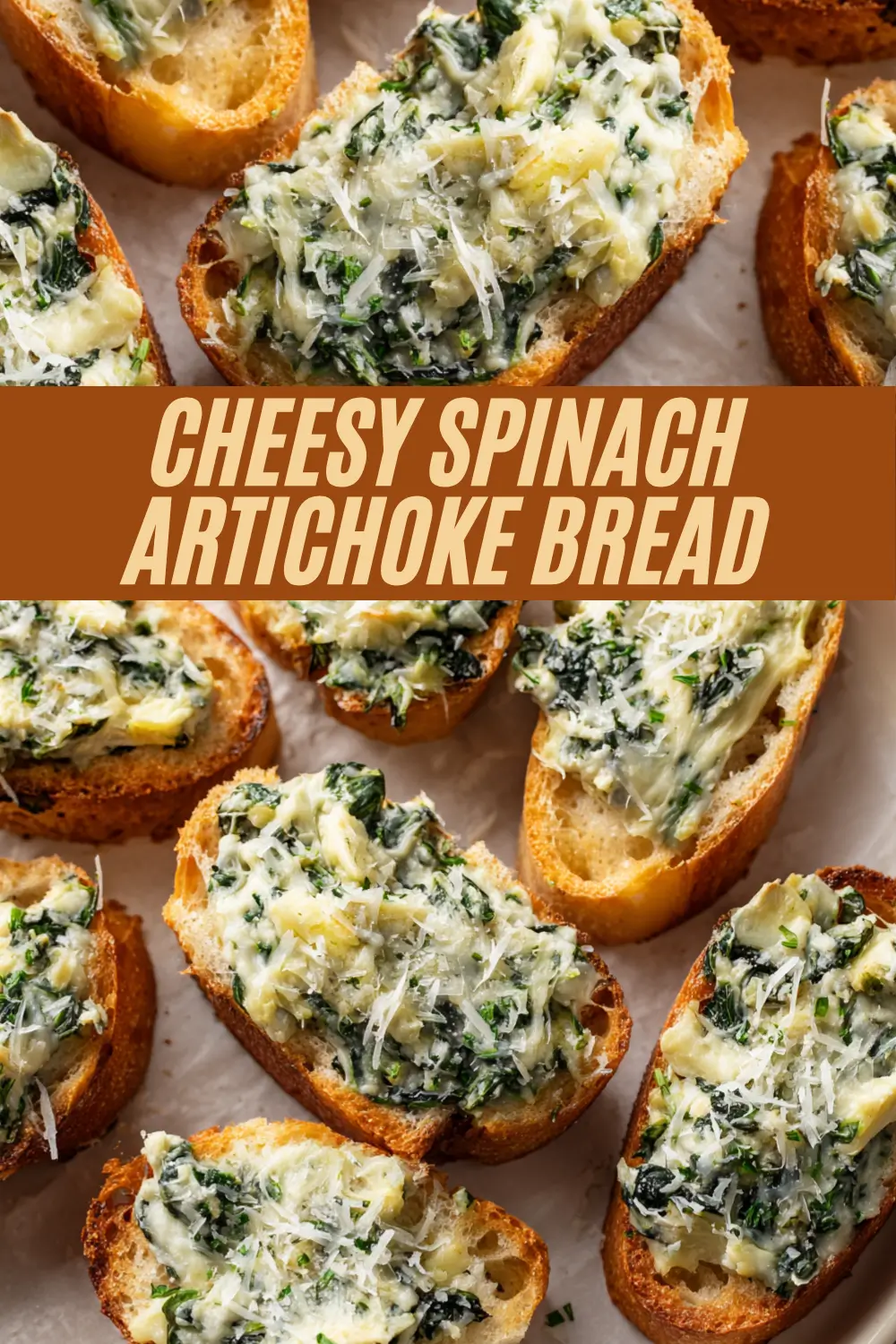 This Cheesy Spinach Artichoke Bread recipe features a creamy dip baked onto toasted baguette slices and sprinkled with Parmesan.