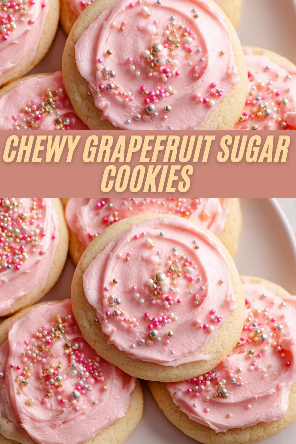 Soft sugar cookies with pink grapefruit frosting and pastel sprinkles.