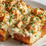 Slice of golden, toasted garlic bread loaded with creamy Alfredo sauce, tender seasoned chicken chunks, melted mozzarella cheese, fresh parsley, and a sprinkle of chili flakes.