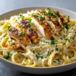 Creamy chicken alfredo pasta with grilled chicken breast and fresh parsley