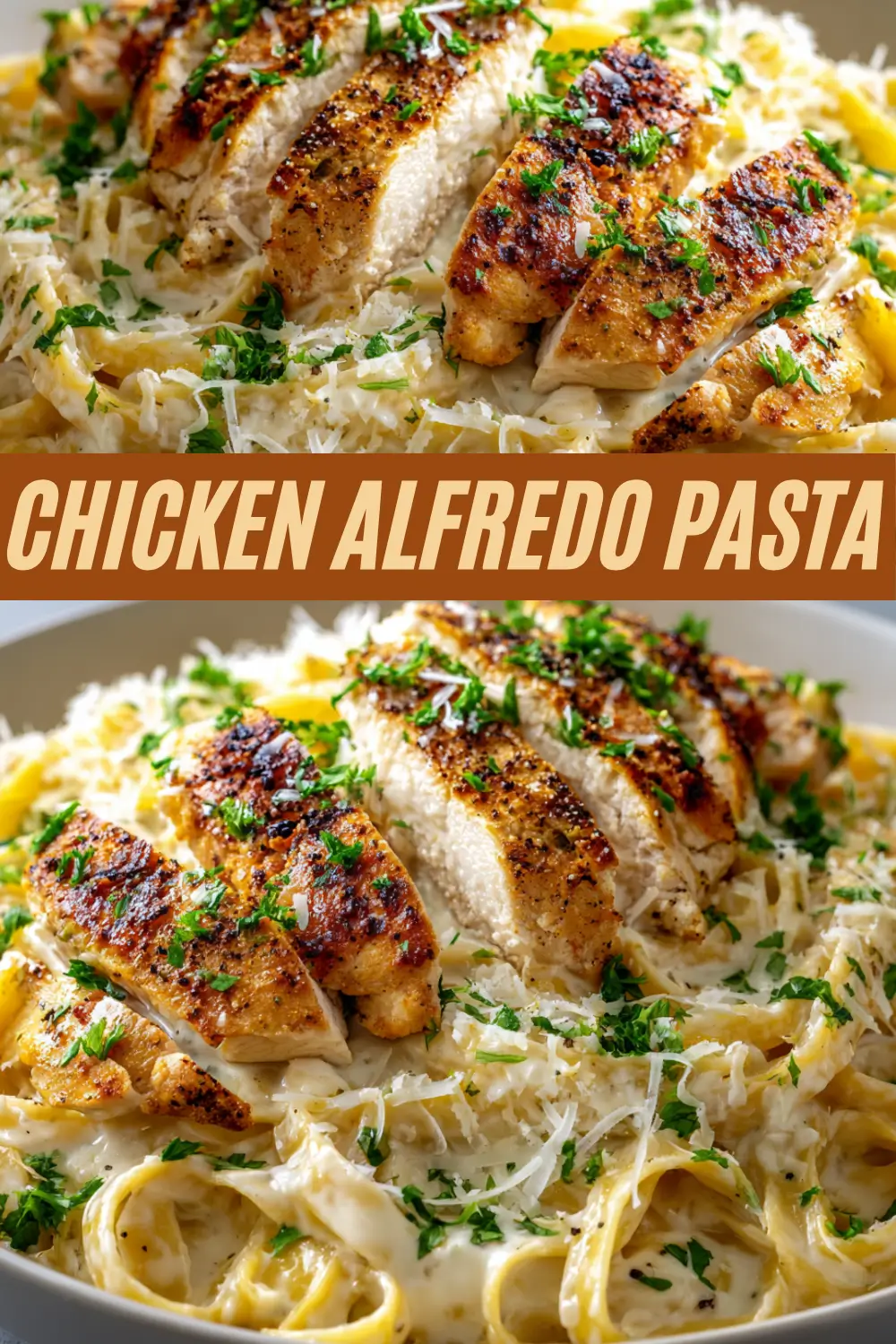 Chicken alfredo pasta with grilled chicken, fettuccine, parmesan, and creamy sauce