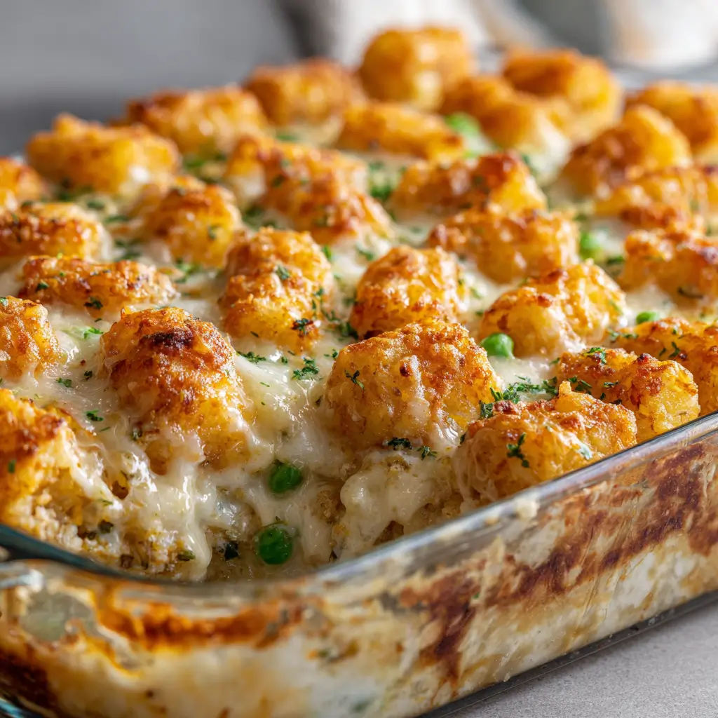 Cheesy Chicken Alfredo Tater Tot Casserole in a glass baking dish, with golden tater tots on top, melted cheese, green peas, and creamy sauce visible along the edge.