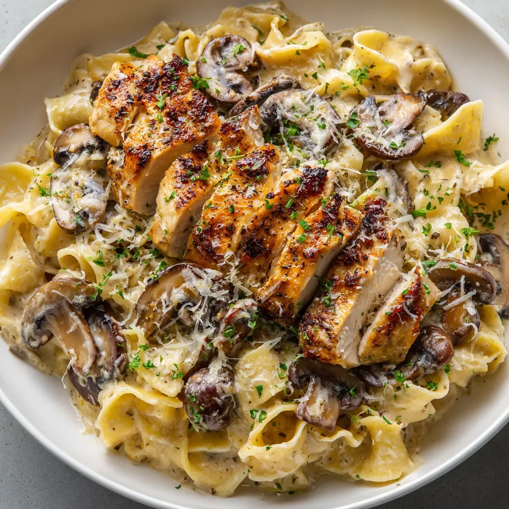 Sliced seasoned chicken breast served over creamy buttered noodles with mushrooms.