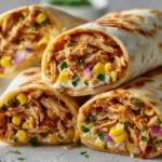 Cheesy chicken mozzarella wraps with corn, red onion, and herbs in toasted tortillas