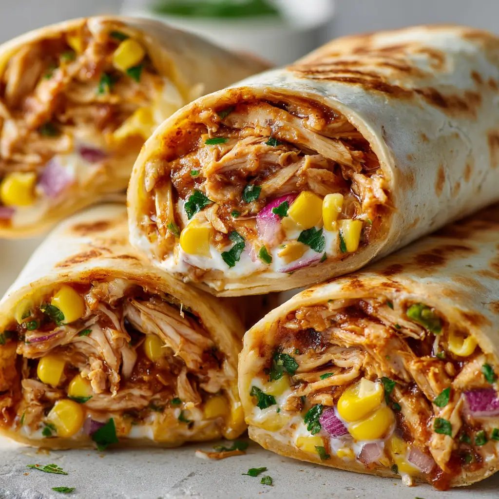Cheesy chicken mozzarella wraps with corn, red onion, and herbs in toasted tortillas