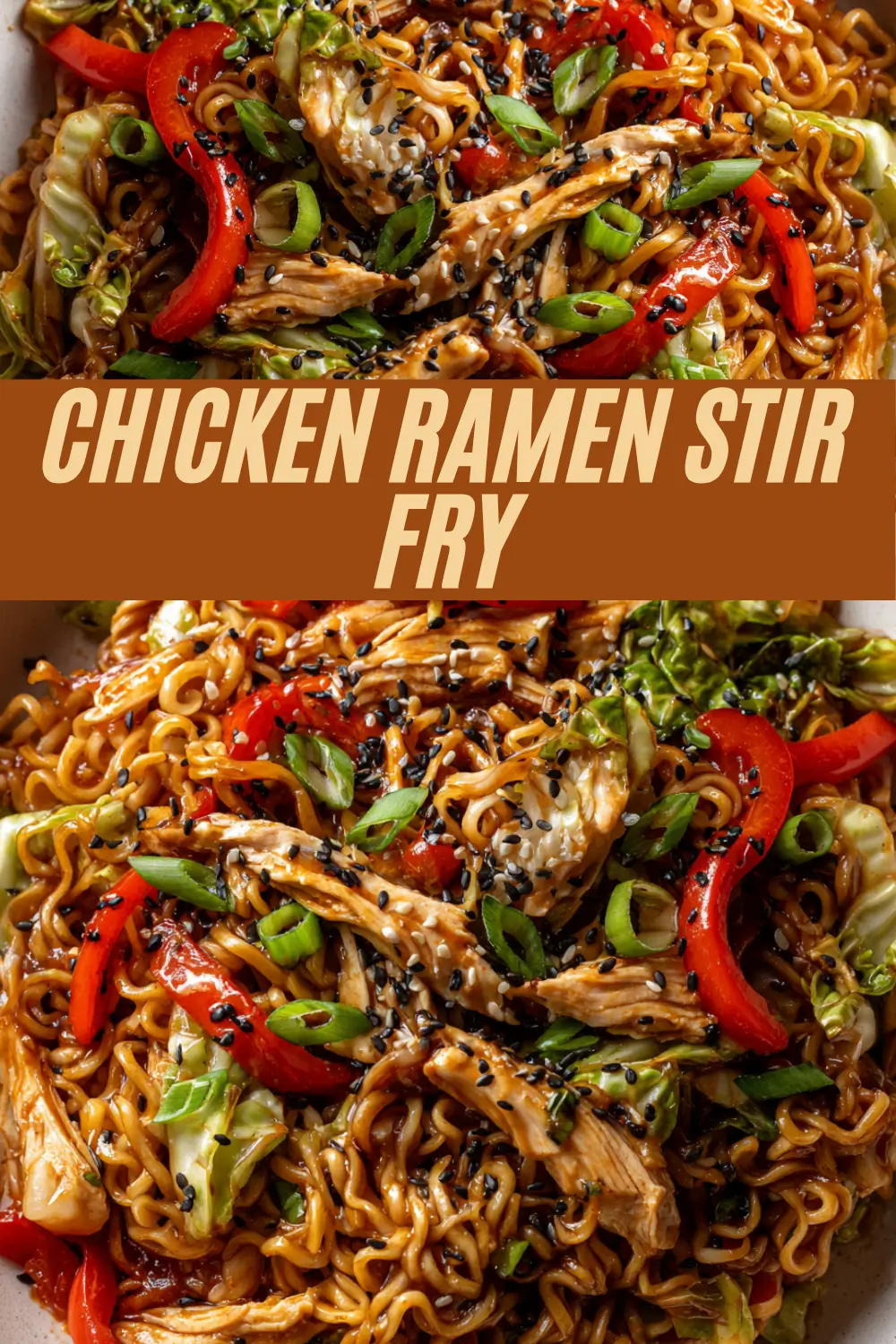 Chicken ramen stir fry with shredded chicken, cabbage, red bell pepper, scallions, and black sesame