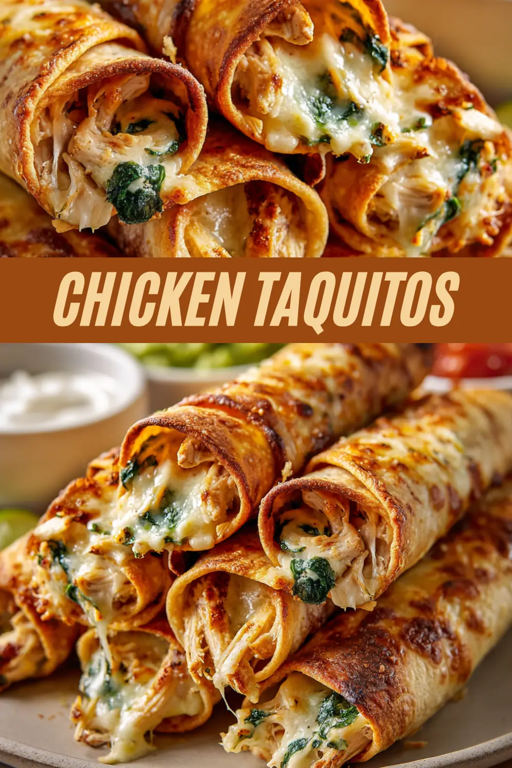 Baked chicken taquitos with melted cheese and spinach