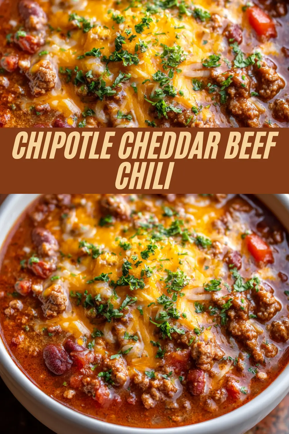 Chipotle cheddar beef chili garnished with cheddar cheese, beans, ground beef, tomatoes, and fresh herbs in a savory sauce.