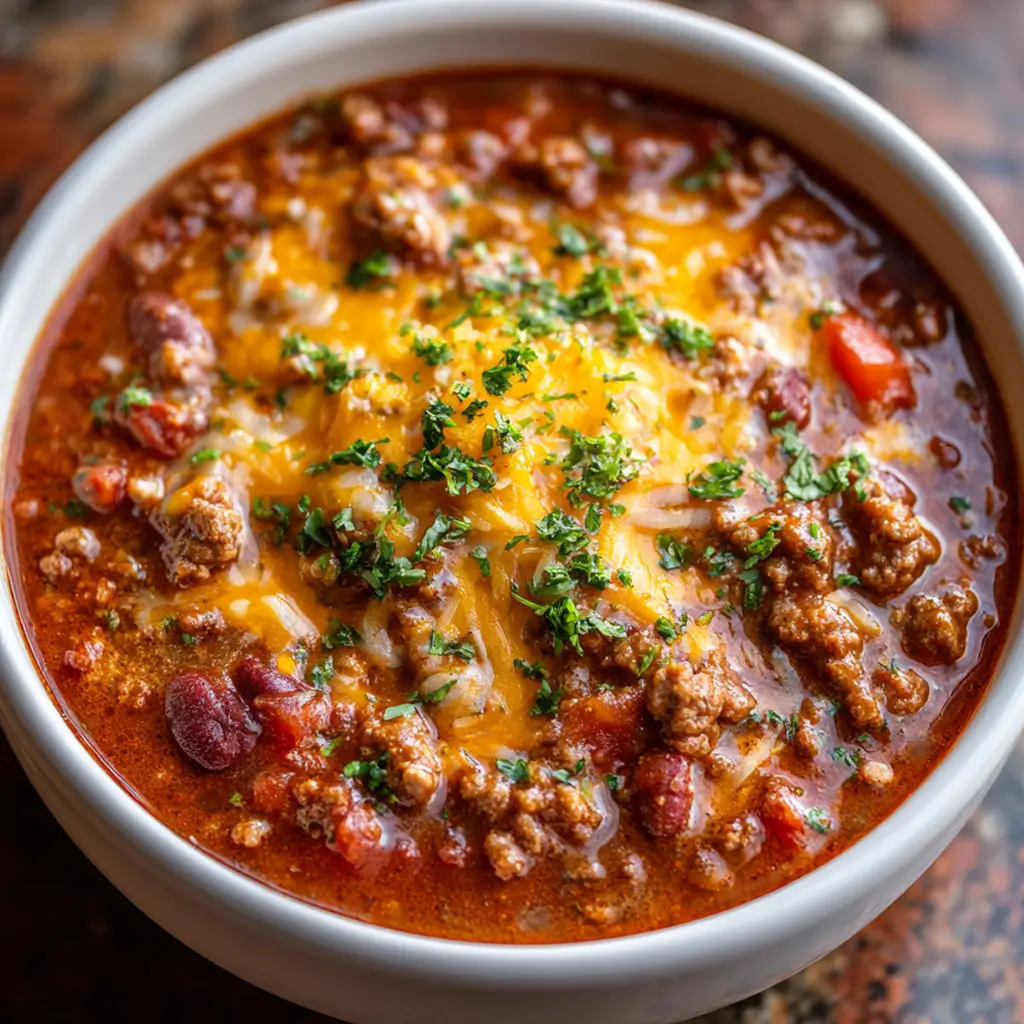 Chipotle cheddar beef chili topped with melted cheese and fresh herbs, loaded with kidney beans and ground beef in a rich tomato sauce.