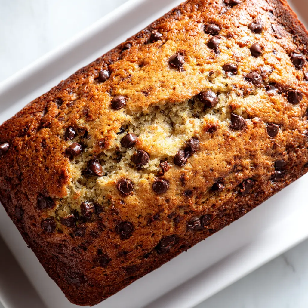 Golden banana bread loaf studded with melty chocolate chips.