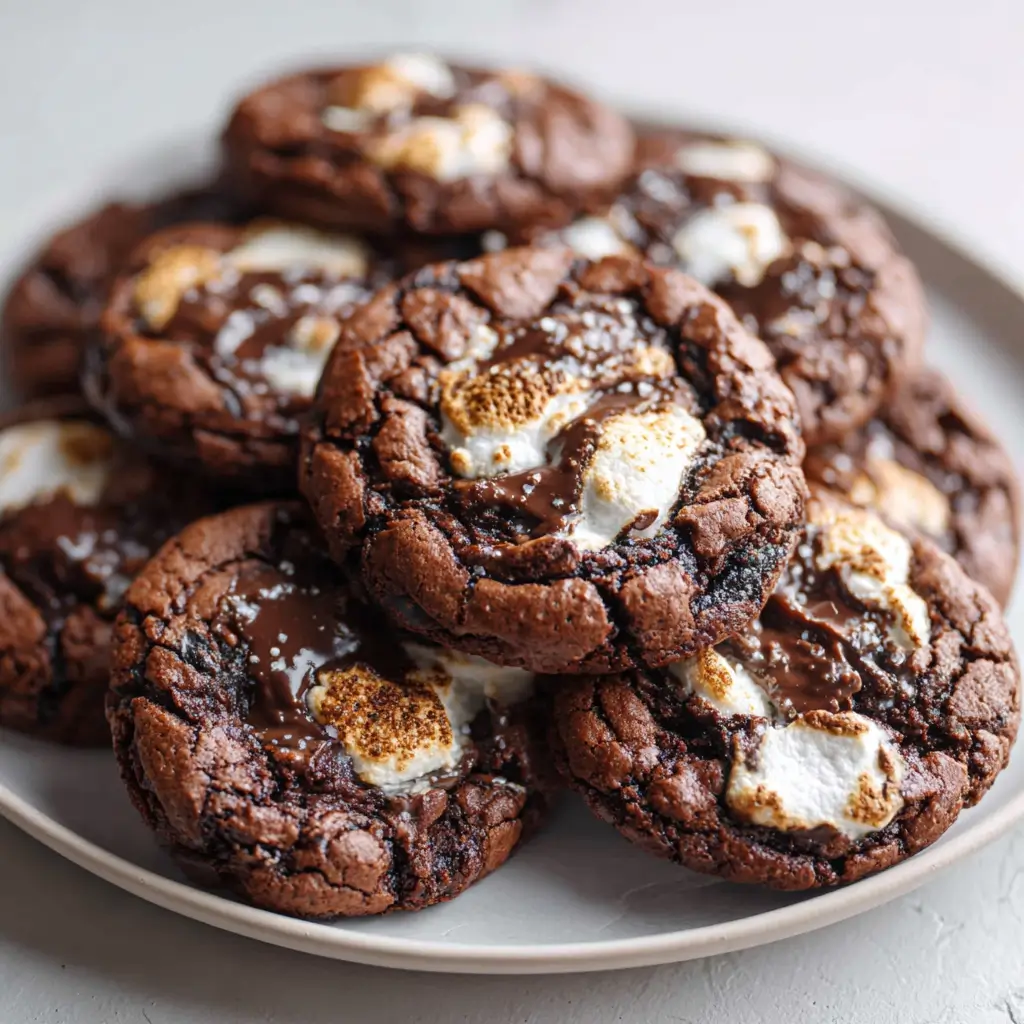 Fudgy chocolate cookies with gooey marshmallow swirls and melted chocolate pieces.