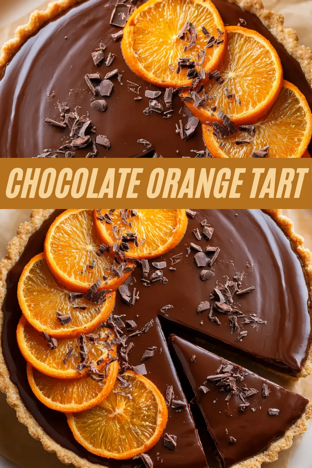 Rich chocolate tart topped with fresh orange slices and dark chocolate shavings on a buttery crust