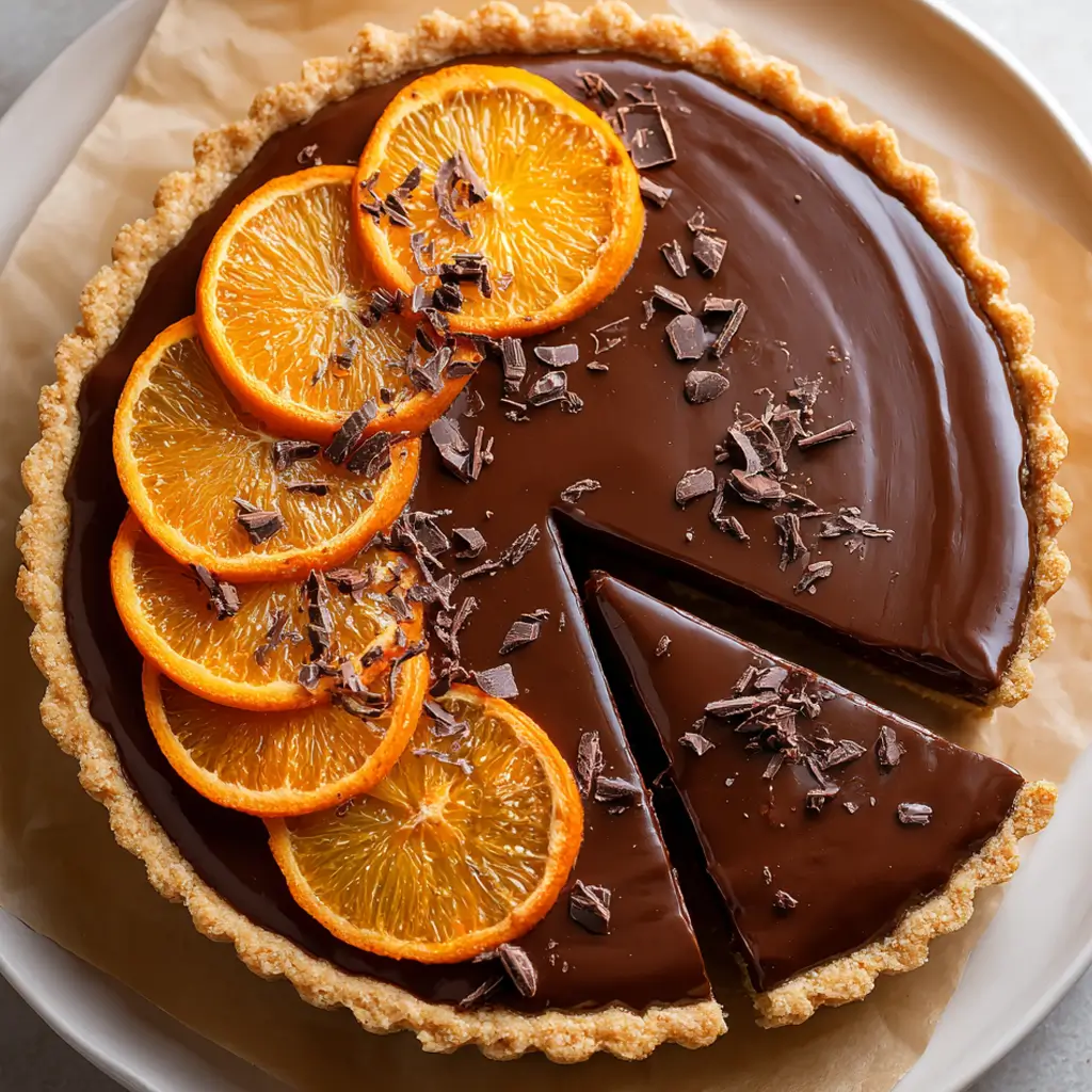 Chocolate tart topped with fresh orange slices and dark chocolate shavings on a buttery crust