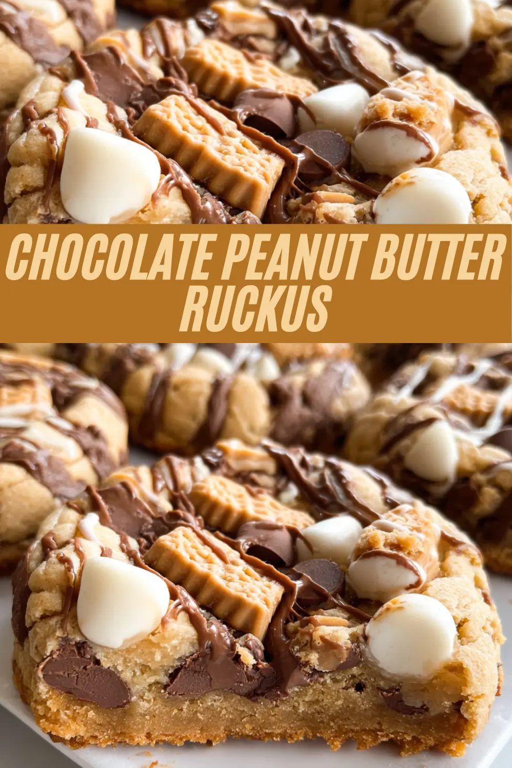 Thick cookie bars loaded with chocolate chips, peanut butter bites, and white chocolate chunks.