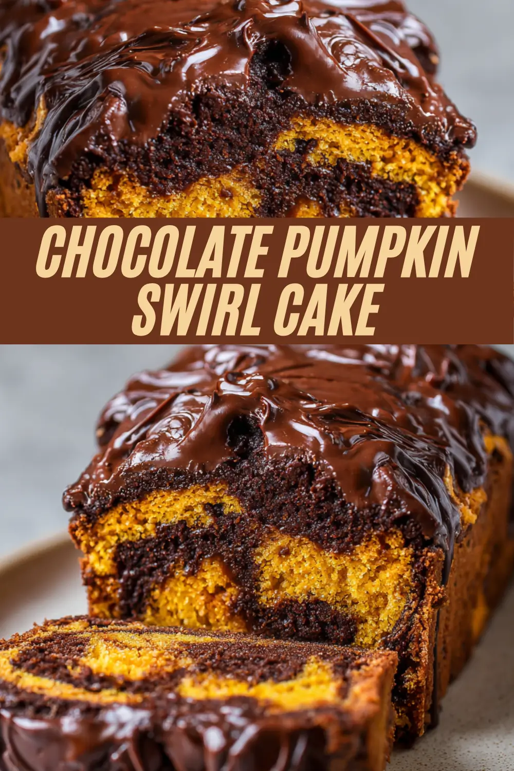 Moist pumpkin and chocolate swirl loaf cake topped with rich chocolate ganache