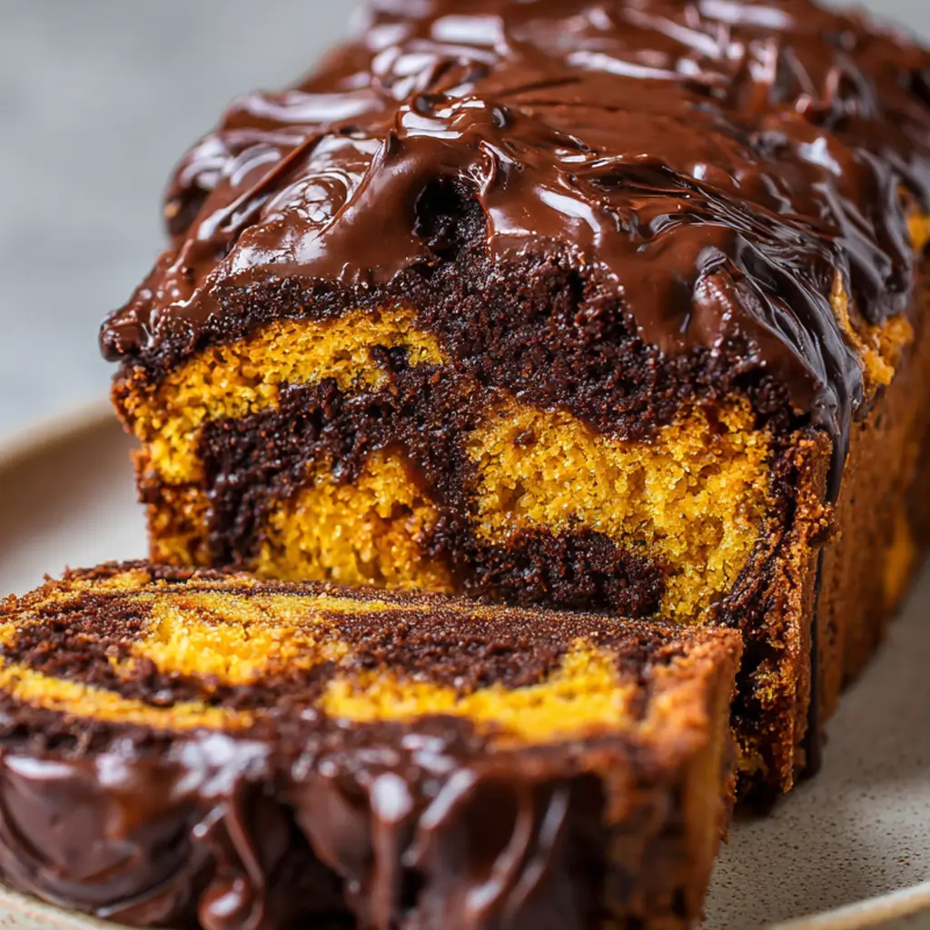 Moist pumpkin and chocolate swirl loaf cake topped with rich chocolate ganache