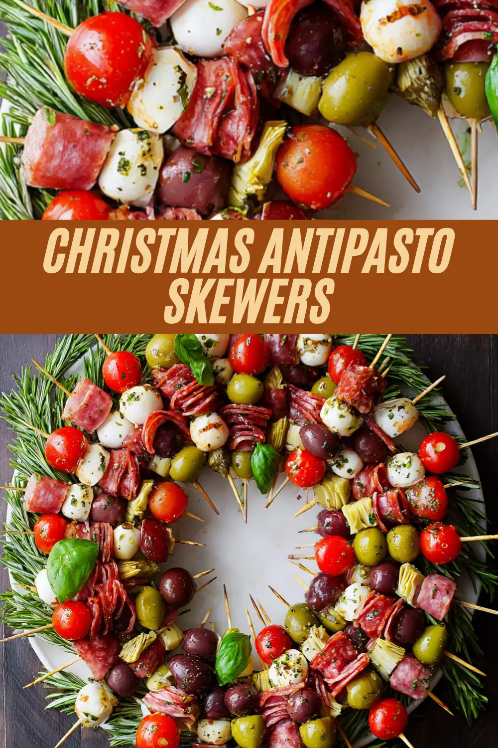 Holiday antipasto skewers arranged in a festive wreath with olives, cheese, tomatoes, and herbs