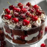 Festive Black Forest trifle layered with chocolate cake, whipped cream, rich chocolate, and fresh cherries.