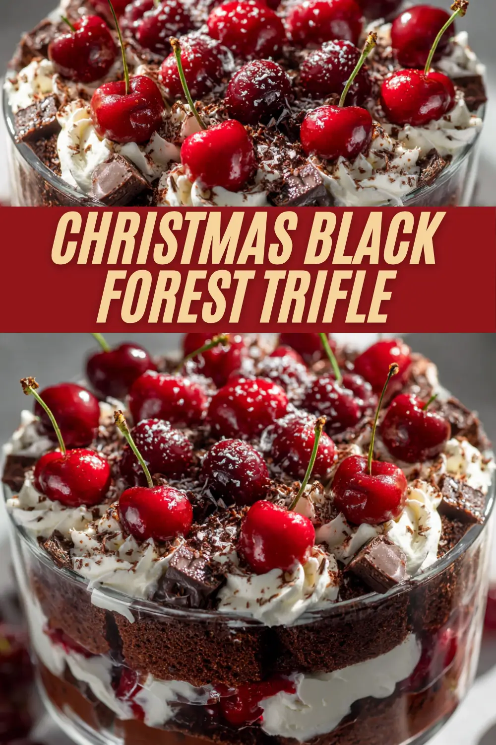 This recipe creates a festive Black Forest trifle with chocolate cake, whipped cream, cherries, and chocolate pieces.