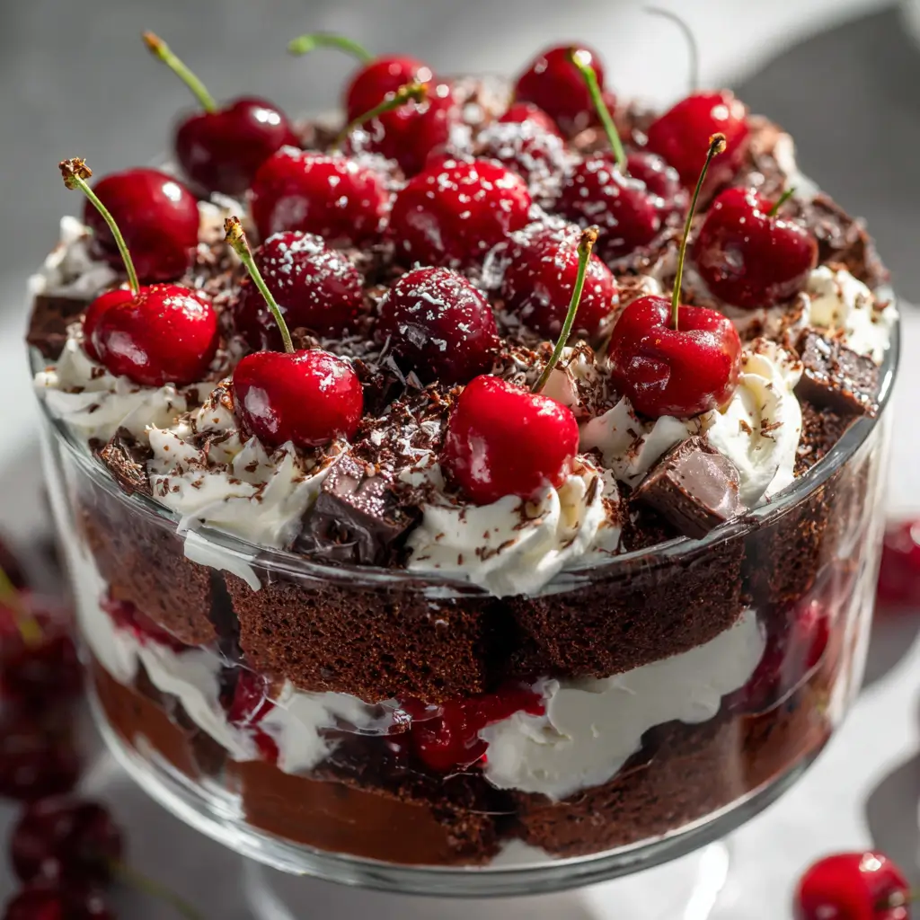 Festive Black Forest trifle layered with chocolate cake, whipped cream, rich chocolate, and fresh cherries.