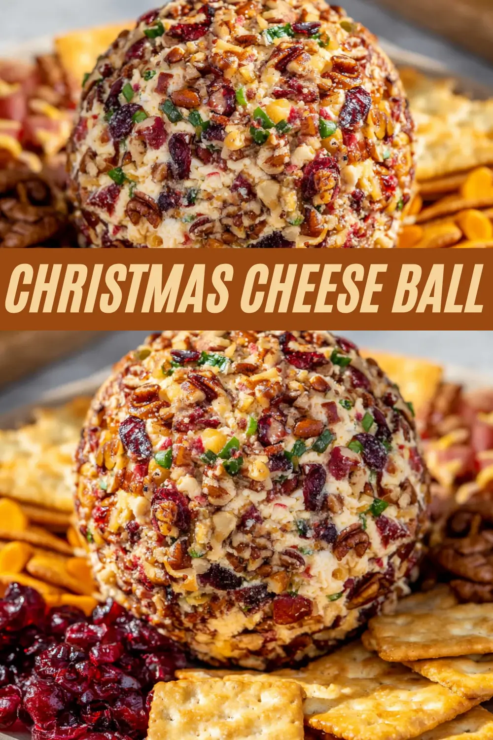 This Christmas cheese ball recipe creates a festive appetizer with pecans, cranberries, and herbs, served with crackers.