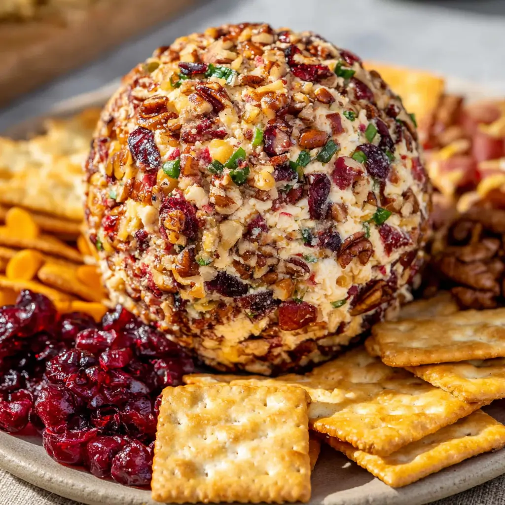 A festive Christmas cheese ball coated in pecans and cranberries, served with crackers.