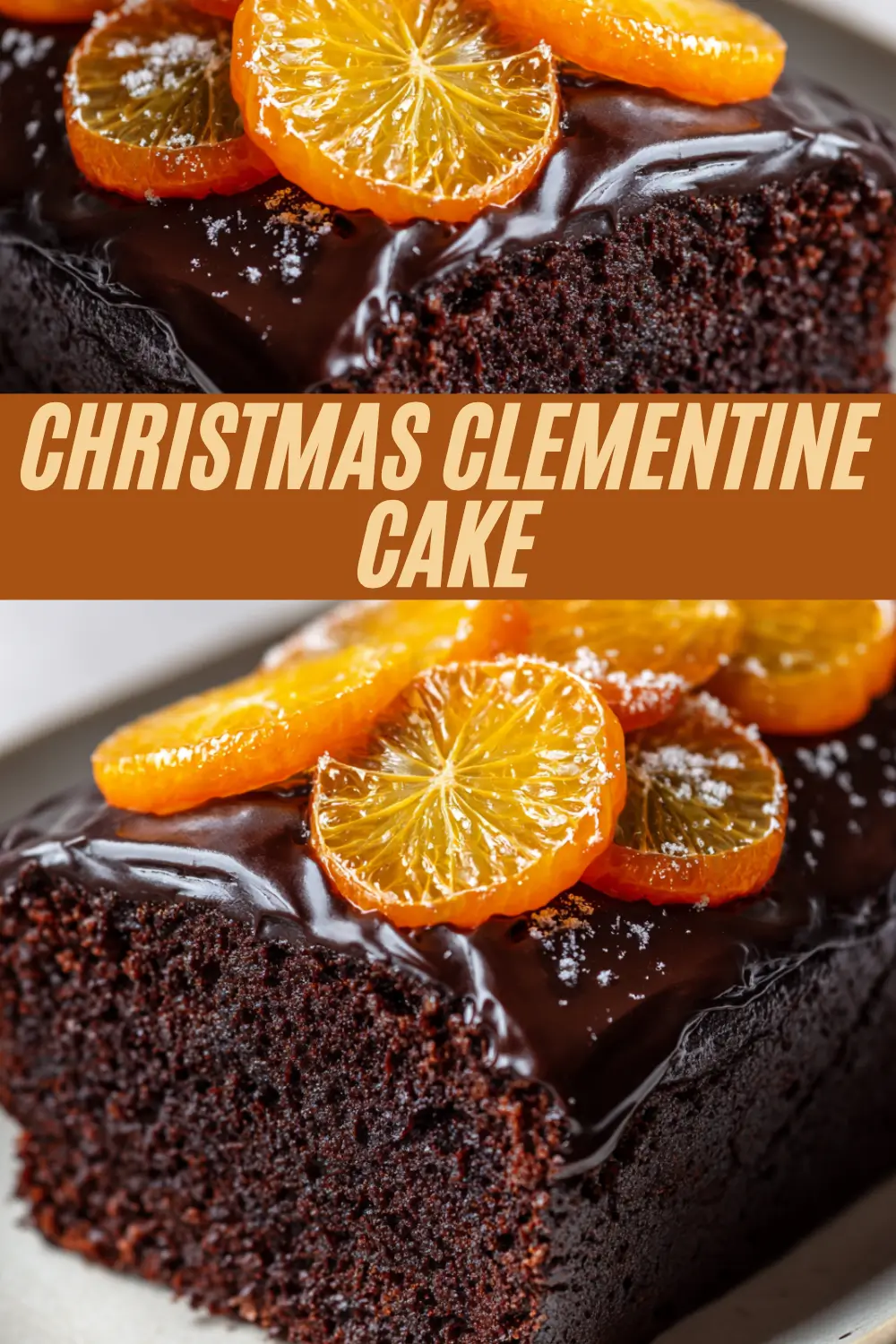 Moist chocolate loaf with glossy ganache and candied clementines.