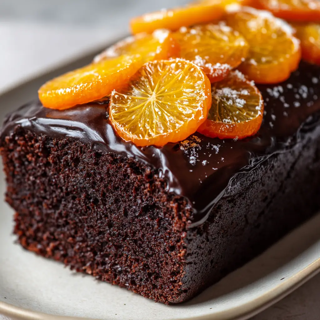 Rich chocolate loaf cake topped with glossy ganache and candied clementines.
