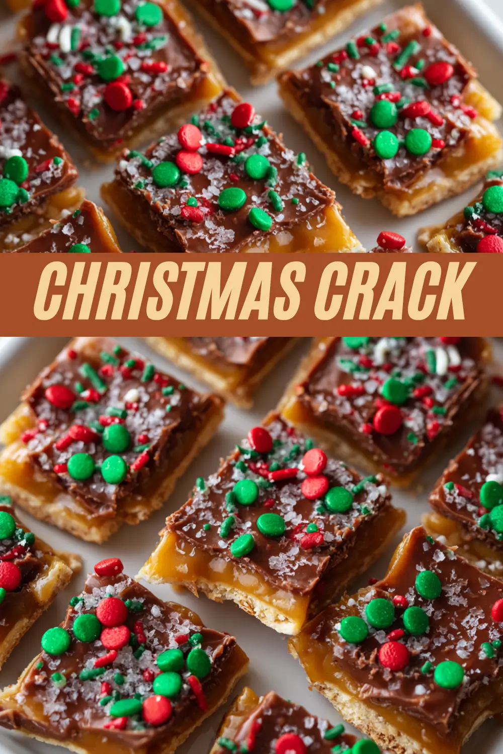 This recipe creates irresistible Christmas Crack toffee bars topped with chocolate and holiday sprinkles.